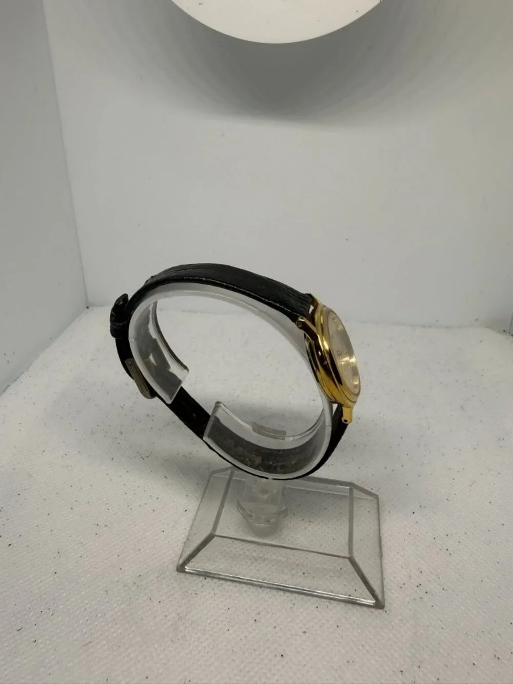 Vintage Bulova T7 Quartz Gold Tone Bezel Black Speidel Leather Women's Watch